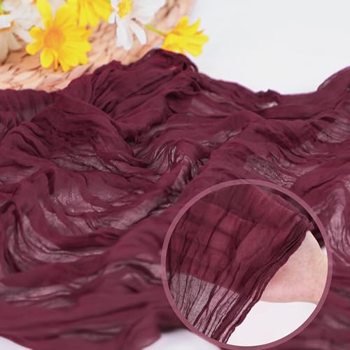 Snowkingdom 6PCS 10 Ft Burgundy Red Cheesecloth Table Runner, 120inch Long Cheese Cloth Boho Gauze Runner for Wedding Bridal Baby Shower Birthday Valentines Sheer Table Decorations - color: Burgundy, size: 10FT/6Pcs