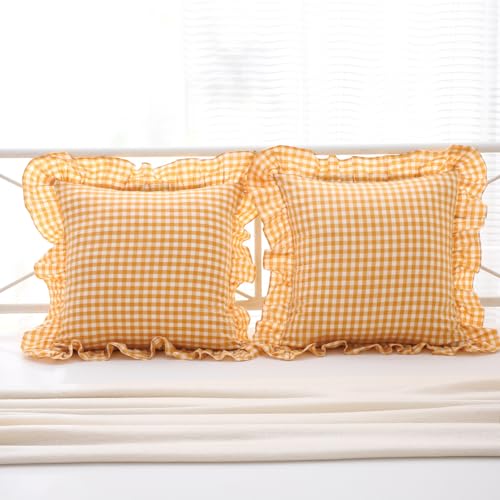 Mywinlle Mustard Yellow Gingham Ruffle Throw Pillow Covers 18"x18" - color: Mustard Yellow, size: 18" x 18" (Pack of 2)
