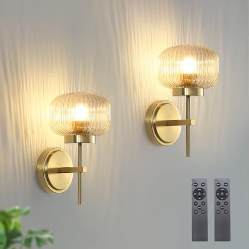 Battery Operated Wall Sconces Set of 2, Rechargeable No Hardwired Wall Light with Remote, 3 Color Dimmable for Bedroom Apartment Hallway - color: Gold