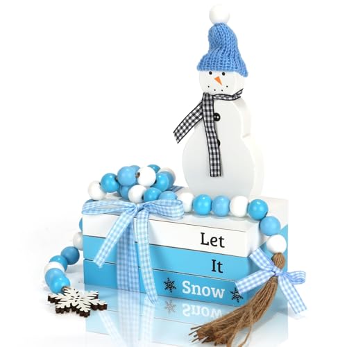 Winter Decorations Wooden Faux Book Stack Snowman Decor with Bead Garland, Winter New Year Tabletop Centerpiece Farmhouse Decor for Tirered Tray Mantel Fireplace Home Shelf Office Desk - color: Winter