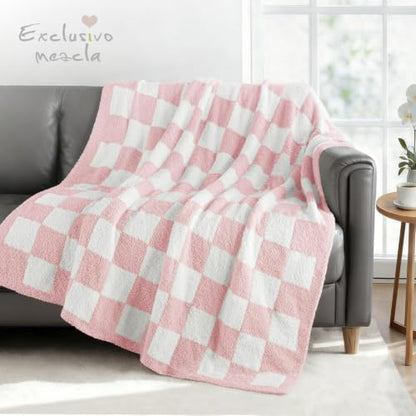 Exclusivo Mezcla Checkered Knit Throw Blanket for Couch, Pink - color: Pink, size: Throw (50"x60")