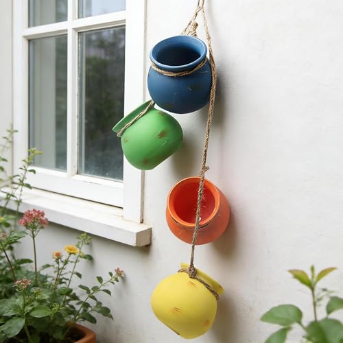 Cabilock 4 Pcs Ceramic Hanging Succulent Pots Mini Terracotta Hanging Planters with Rope Holder for Air Plants, Succulents, Indoor Wall Decor, Balcony, Yard and Garden