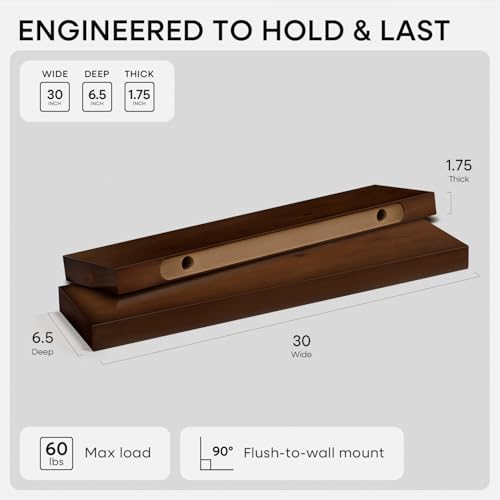 Homeforia 30 Inch Floating Shelves, High-End Solid Pine Wood, Set of 2 - color: American Walnut - Satin Dark Tone, size: 30 inch