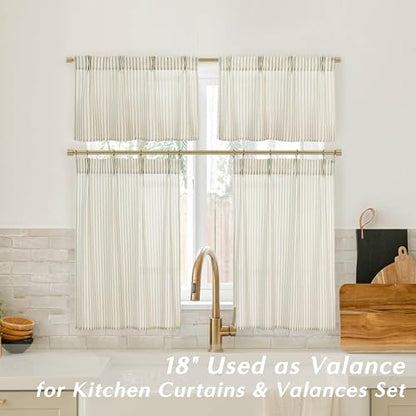 15 Inch Curtains Length,Cafe Striped Linen Farmhouse Sheer Small Window Curtains for Kitchen Bathroom,24 x 15 Inch Long 2 Panels Set - color: Tan, size: 24"W x 15"L (Pack of 2)