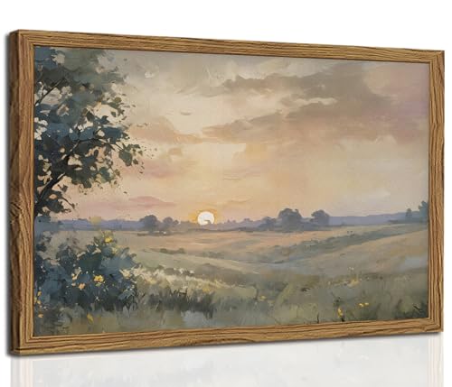 Vintage Sunset Wall Art Rustic Cottagecore Landscape Wall Decor Fall Country Nature Painting Artwork 3D Textured Sandstone for Living Room Bedroom 16x24 Inch Wood Framed - color: Color B, size: 24"L x 16"W