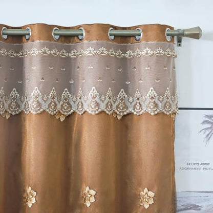 Amidoudou 1 Pair European Double Layer Curtains for Living Room Bedroom Luxury Flower Embroidered Curtains with Valance (Brown,52x102 Inch) - color: Brown, size: 52"W x 102"L (Pack of 2)