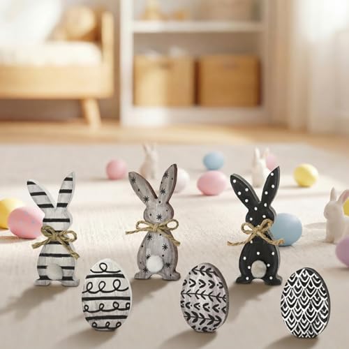 Smile Wooden Easter Block Decor Set - 6-Piece Rustic Bunny & Egg Design Tabletop Blocks, Farmhouse Style Shelf Accents for Spring Holiday Home Decoration