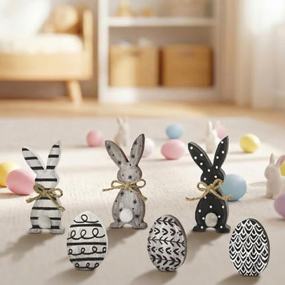 Smile Wooden Easter Block Decor Set - 6-Piece Rustic Bunny & Egg Design Tabletop Blocks, Farmhouse Style Shelf Accents for Spring Holiday Home Decoration