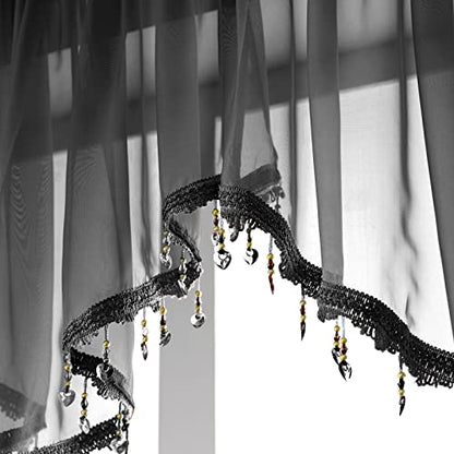 Beaded Sheer Valance Curtains for Living Room,Rod Pocket Farmhouse Window Valance, Bead Trim Tassel Voile Sheer Curtain Valance for Bedroom Bathroom Cafe 51x24 Inches (Black) 1PC - color: Black