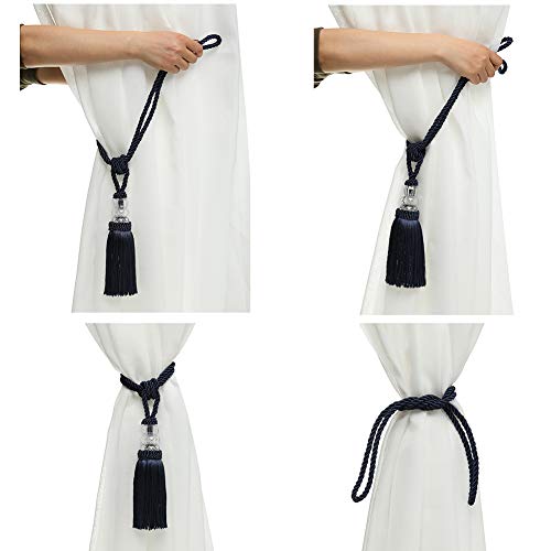 BEL AVENIR 2 Pack Curtain Tiebacks Hand-Woven Holdbacks Tassels Tiebacks - color: Navy, size: 2 Pack