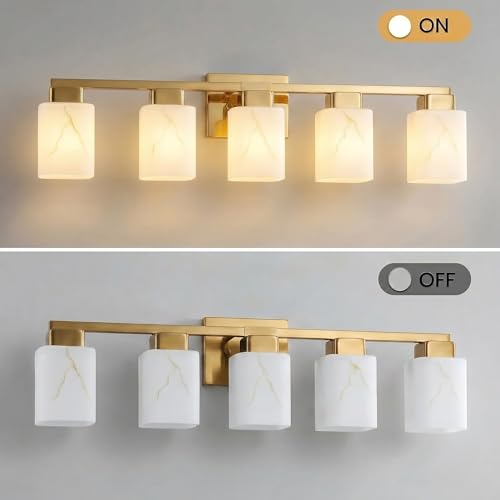 5-Light Square Bathroom Light Fixture, Gold Modern Vanity Light with White Marble Glass Shade, for Bathroom Mirror, Living Room, Bedroom, Hallway, E26 Base - color: Gold, size: 5-Light