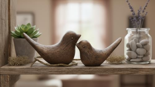 Birds Figurine, Shelf Decor Wood Grain Statue - color: Brown-wood
