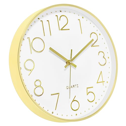 Foxtop 대형 35.6cm(14인치) 벽시계 무소음 배터리 작동 아날로그 시계, 골드 - color: 골드., size: 14인치