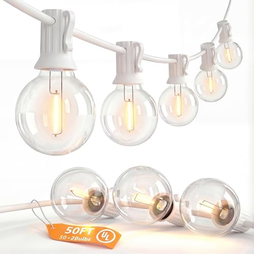SUNSGNE White String Lights Outdoor, 50FT White Outdoor Lights with 52 G40 Shatterproof LED Bulbs(2 Spare) for Patio Garden Porch Pergola Bistro Outside Decorations, E12 Socket - color: Warm White-White, size: 50FT
