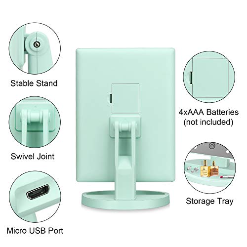 deweisn Tri-Fold Lighted Vanity Tabletop Mount Mirror with 21 LED Lights, Touch Screen and 3X/2X/1X Magnification, Two Power Supply Mode Make up Mirror,Travel Mirror - color: Green