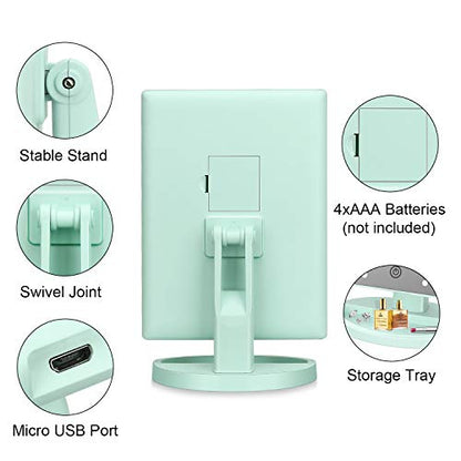 deweisn Tri-Fold Lighted Vanity Tabletop Mount Mirror with 21 LED Lights, Touch Screen and 3X/2X/1X Magnification, Two Power Supply Mode Make up Mirror,Travel Mirror - color: Green