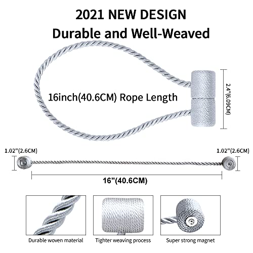 18 Inch Strong Magnetic Curtain Tiebacks, Curtain Holdbacks Modern Upgrade Strong 2021 New Twisted Style Decorative Drapery Rope Tie Backs(2 Pack Silver Grey) - color: Silver Grey