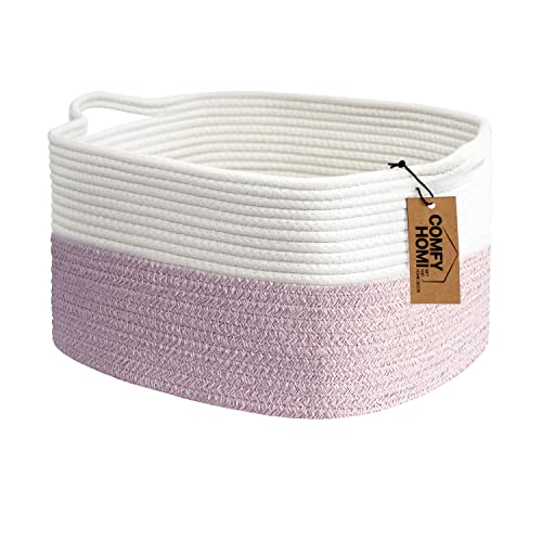 COMFY-HOMI Cotton Rope Woven Basket with Handles for Shelves,Toys,Book, Cloth Storage Baskets Bin for Organizing- 1 PCSToy Decorative Organizer for Living Room, Bathroom - color: White/Pink, size: 13.5"X11"X9.5"