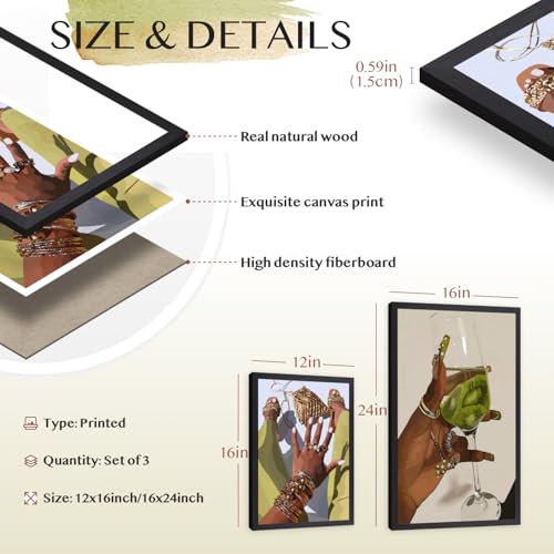 Hianan Wood Framed Fashion Black Woman Wall Art Set of 3, 12x16 in - color: Yellow-Green(Wood), size: 16"L x 12"W