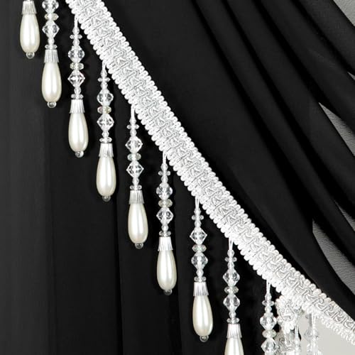 VOGOL Sheer Waterfall Valance with Beaded Tassels, 39 x 43, 1 Panel, Black - color: Black, size: 39"W x 43"L (Pack of 1)
