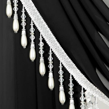VOGOL Sheer Waterfall Valance with Beaded Tassels, 39 x 43, 1 Panel, Black - color: Black, size: 39"W x 43"L (Pack of 1)