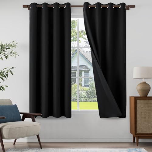 100% Blackout Linen Textured Curtains for Children's Room, Bedroom, Light Weight Curtains with Grommets Top, Full Blackout Curtains Privacy Protection, Black, 52" W x 63" L, 2 Panels - color: Black, size: 52"W x 63"L (Pack of 2)