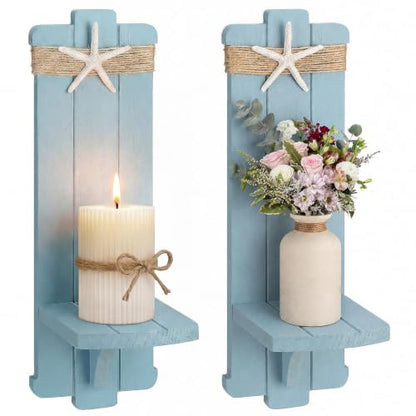 Alphatool Handmade Wooden Candle Sconces Set of 2 Farmhouse Wall Decor - color: Blue