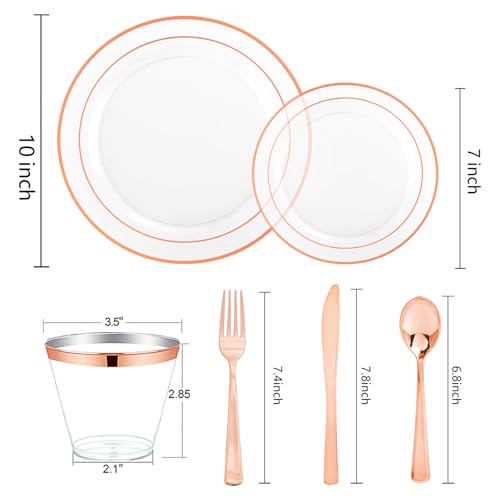 bUCLA 150PCS Clear Rose Gold Disposable Dinnerware set - Rose Gold Plastic Plates Include 25 Dinner / 25 Dessert Plates, 25 Knives, 25 Forks, 25 Spoons, 25 Cups for Party & Wedding - color: Clear Rose Gold