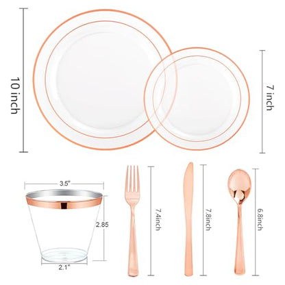 bUCLA 150PCS Clear Rose Gold Disposable Dinnerware set - Rose Gold Plastic Plates Include 25 Dinner / 25 Dessert Plates, 25 Knives, 25 Forks, 25 Spoons, 25 Cups for Party & Wedding - color: Clear Rose Gold