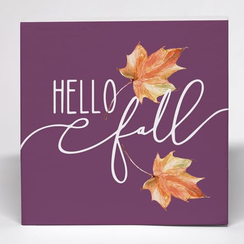 Hello Fall Sign Wood Box Sign, Fall Desk Shelf Decor, Fall Decorations for Home Farmhouse, Autumn Decor, Fall Home Decor, Purple Farmhouse Fall Wooden Box Block Sign for Home Shelf Desk Decor - color: color-11