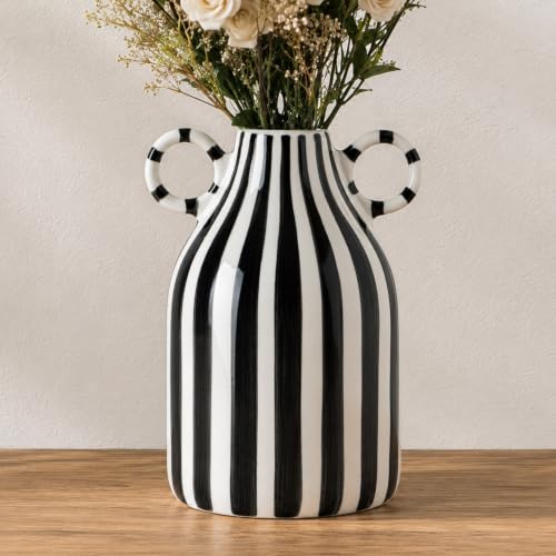 LCCCK Black and White Striped Vase Ceramic Checkered Vase for Kitchen Decor - color: Black and White