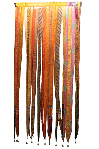 Mango Gifts Bohemian Door Curtain Made from Recycled Silk Sari Ribbon Orange Rod Pocket Panel for Doorway, Window, or Wall Handmade Indian Tapestry Valance for Boho Home Décor - color: Yellow