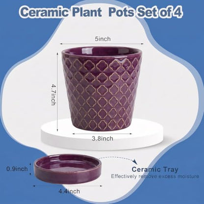 EFISPSS Ceramic Plant Pots, 5 Inch Planters with Drainage Holes and Ceramic Tray, Relief Design Flower Planter, Desktop Office Windowsill Decoration Gift Set of 4 - Plum - color: Plum