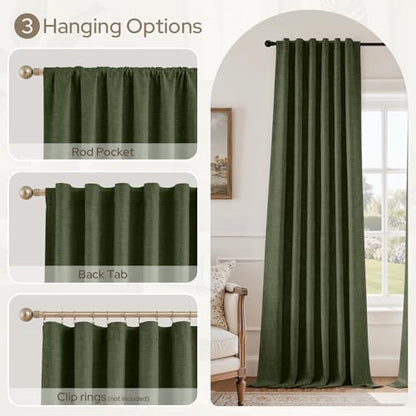 HOMEIDEAS 100% Blackout Olive Green Faux Linen Curtains 96''L 2 Panels - color: Olive Green, size: 52"W x 96"L (Pack of 2)