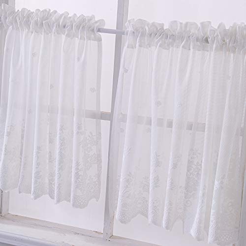 vctops Lace Sheer Kitchen Tier Curtain Set Floral Embroidered Cafe Tiers Rod Pocket Small Half Window Curtains 2 Panels (29" x 35", White) - color: White, size: 29"W x 35"L (Pack of 2)