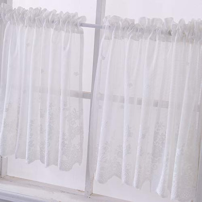 vctops Lace Sheer Kitchen Tier Curtain Set Floral Embroidered Cafe Tiers Rod Pocket Small Half Window Curtains 2 Panels (29" x 35", White) - color: White, size: 29"W x 35"L (Pack of 2)