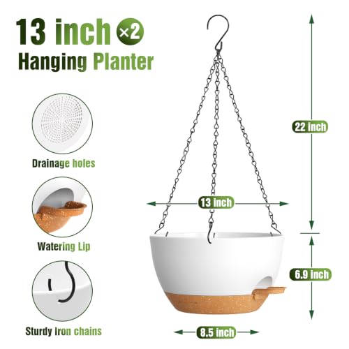 13 Inch Large Self Watering Hanging Planters 2 Pack with Saucers - color: White Brown, size: 13 Inch 2 Pack