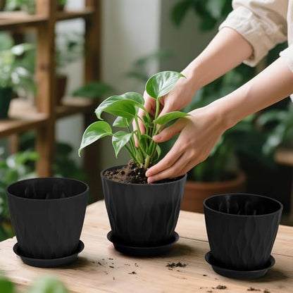 GARDIFE 7 Pack Plant Pots 4-7 inch with Drainage Holes and Tray, Black - color: Black