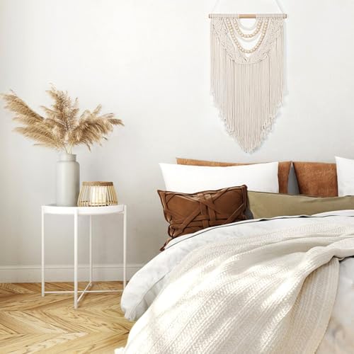 Beige Macrame Wall Hanging Handmade Tapestry with Chic Wooden Beads Tassels