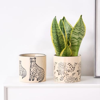 STHIE 5 Inch Ceramic Planters for Indoor Plants, Funny Small Plant Pots - color: Beige-two Panthers