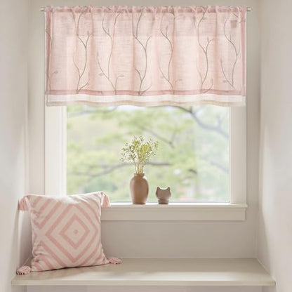 jinchan Linen Kitchen Valance Sheer Leaf Embroidered 18 Inch 1 Panel Pink - color: Leaf | Pink
