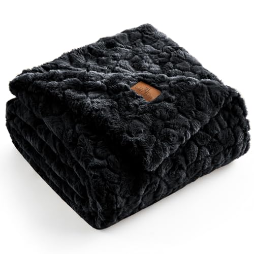 Cozy Bliss Faux Fur Throw Blanket for Couch, Fuzzy Soft Plush Thick Warm Fluffy Reversible Wave Textured Blanket for Sofa Bedroom Living Room, 55 * 70 Inches Black - color: Black, size: Throw(55" x 70")