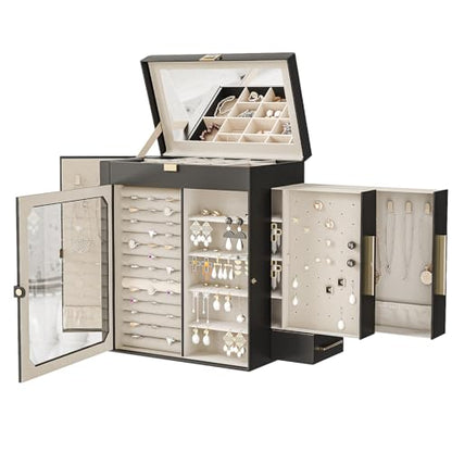 HOOBRO Jewelry Box with Mirror, Travel Jewelry Organizer with Glass Window - color: Black + Gold