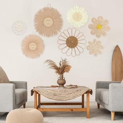 Chunful 7 Pcs Boho Wall Basket Decor Rattan Flower, Light Beige Yellow - color: Light Beige Yellow