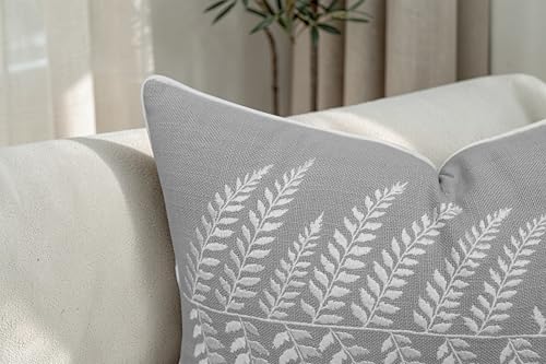Rudransha Botanical Fern Leaf Embroidery Lumbar Pillow Cover - 14x24 Light Grey Cotton - color: Light Grey-ferny, size: 24" x 14" (Pack of 1)