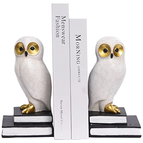 Book Ends for Shelves, Owl Decorative Bookends Bronze Bird Book Stopper Unique Kids Book Holders with Anti-Slip Base Luxurious Bookends for Kids Rooms Office Home Decor(White) - color: Owl-white