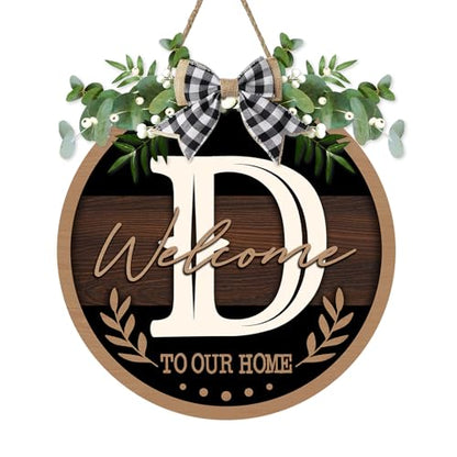 Monogram Letter D Front Door Sign, Welcome to Our Home Family Last - color: D