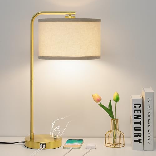 Mordern Gold Table Lamp, Fully Dimmable Bedside Lamp with C+A USB Ports - color: Gold