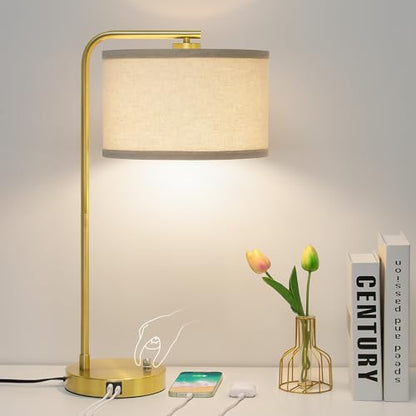 Mordern Gold Table Lamp, Fully Dimmable Bedside Lamp with C+A USB Ports - color: Gold