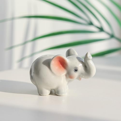 Mini Ceramic Elephant Figurine, Cute White Elephant Statue with Pink Ears, Small Animal Collectible for Desk, Shelf, and Home Decor, Gift for Elephant Lovers